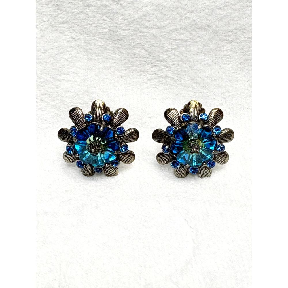 Signed WEISS Sapphire Blue Rhinestone Floral Clip-On Earrings, 1950s–60s